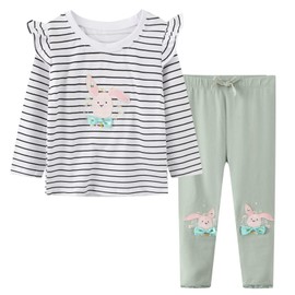 HILEELANG Toddler Girl Pants Long Sleeve Ruffle Stripe T-Shirts Cotton Casual Green Bunny 2 Pieces Leggings Outfits Winter Clothing Set 3T