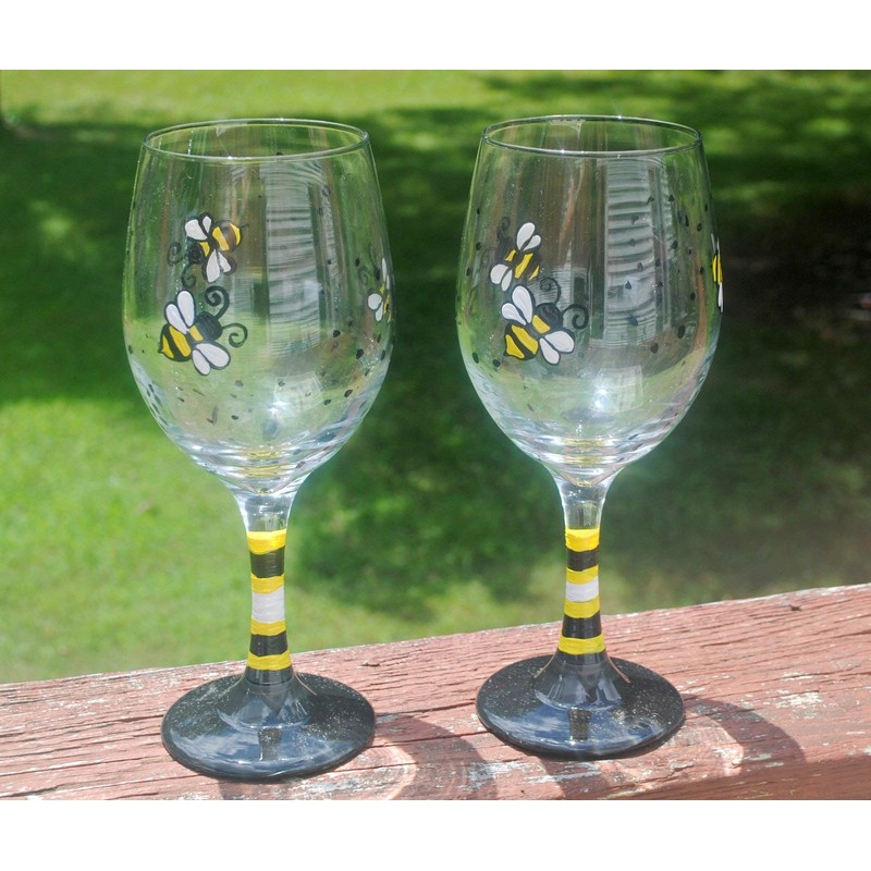Honey Bee Hand Painted Stemmed Wine Glasses Set of 2