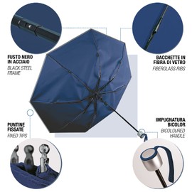 PERLETTI Reflective Umbrella for Men Women - Umbrella Pocket Umbrella Windproof Stable with Reflector for High Visibility - Manual Mini Umbrella Storm Resistant Girls Boys - Diameter 98 cm, navy blue
