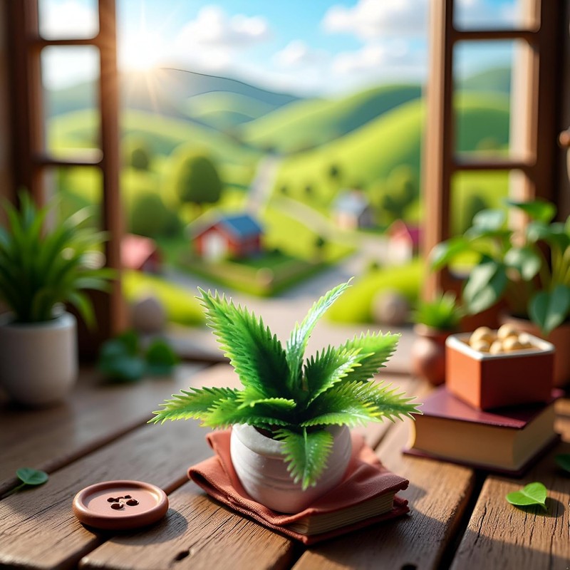 Miniature Plant Accessory, Green Potted Plant, 1:12 Scale, Suitable for