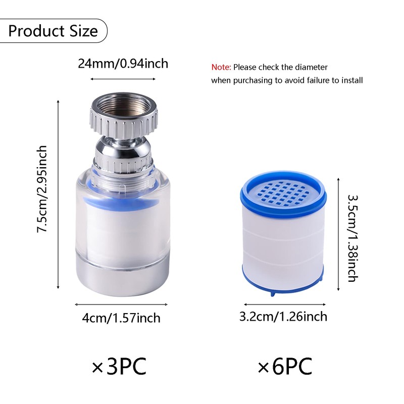 Pack of 3 Water Filter Tap 360° Rotatable, Transparent, with