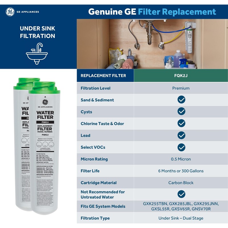 GE Under Sink Water Filter Replacement, Dual Flow, Reduces Sediment,