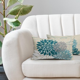 Teal Floral Pillow Covers 12x20 Inch Spring Summer Dahlia Flower Lumbar Throw Pillows Farmhouse Outdoor Decor for Home Living Room Sofa Bed Modern Elegant Linen Rectangle Cushion Case, Set of 2