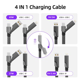 65W 4 in 1 Charging Cable,Fast Multi Charging Cable 4FT,USB C Cable Fast Charge&Data Transfer with E-Mark Chip,Type C 65W 27W PD Multiple Charger Cord for iPhone16/15/14/13 Series/Phones/Pads and More