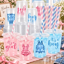 60Pcs Gender Reveal Plastic Cups with Lids Straws Drinking Cup 12oz Watercolor Blue Pink Boy Girl Disposable Cups for Baby Shower Gender Reveal Party