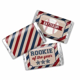 Rookie of The Year Baseball Birthday Party Miniature Chocolate Candy Bar Sticker Wrappers for Kids, 45 Wrap Around Labels Sized 1.4" x 2.6" by AmandaCreation, Great for Party Favors & Goodie Bags