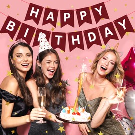 Waenerec Burgundy Birthday Banner Sign Happy Birthday Bunting Banner Garland for Kids Girl Woman Birthday Tea Party Decorations Bunting Flag Birthday Party Supplies