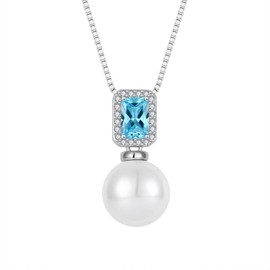 Inpasne Pearl Necklace for Women 925 Sterling Silver Aquamarine Necklace Emerald Cut Pendant March Birthstone Jewelry Gifts for Her