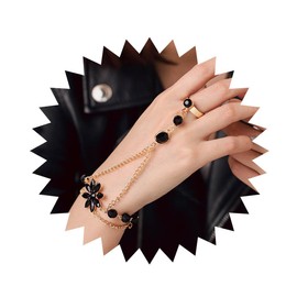 Obmyec Boho Crystal Bracelets Flower Gold Layered Finger Hand Chain Rhinestone Black Ring Hand Chains Slave Hand Hardness Bracelets for Women