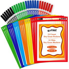 Dry Erase Pockets with Dry Erase Markers, Clear Plastic Paper Sleeves, Plastic Document Sleeve, Assorted Colors, 24-Count, for Classroom Supplies