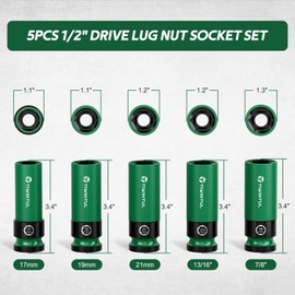 TIWINTUL 1/2" Wheel Protector Impact Socket Set, 5Pcs Non-Marring Lug Nut Socket Set, CR-MO Steel, 6-Point Thin Wall Deep Socket Set, Color-Coded Protective Sleeves- Metric 17 19 21 mm, SAE 13/16 7/8"