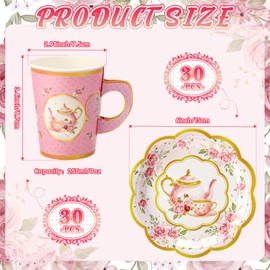 Domensi 60 Pcs Tea Party Decorations Include 30 Pcs 9 oz Paper Tea Cups with Handle and 30 Pcs Tea Party Paper Plates Disposable Blossom Teacups and Saucers for Tea Party Favors (Teapot)