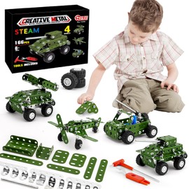 BESTYMXY Model Building Kits, Metal Military Toys Model Kit, 4 in1 Erector Sets for Boys Age 8-12, Military Vehicles & Aircraft STEM Building Toys Metal Model