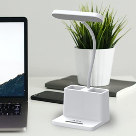 AXX Rechargeable Small Desk Lamp for Home Office Bedroom, Study Table Light for Kids Teens, White, LED, Pen Holder, Mini, Gooseneck, College Dorm Room Lighting for Computer Keyboard Desktop Task