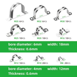 RRRST 102 x Heavy U-Pipe Clamps Set 8 mm 10 mm 12 mm 16 mm 20 mm 25 mm 30 mm 32 mm 35 mm, U Pipe Clamp Set, 304 Stainless Steel Mounting Clamp Pipe Clamp Set