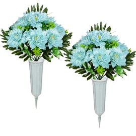 XONOR Artificial Cemetery Flowers for Grave, Set of 2 Artificial Dahlia Bouquet Memorial Flowers with Vase for Outdoor Cemetery Graveyard Decoration (Blue)