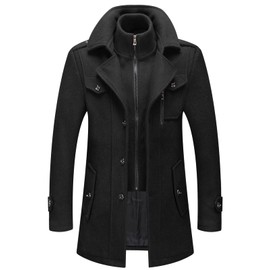 chouyatou Men's Gentle Layered Collar Single Breasted Quilted Lined Wool Blend Pea Coats (X-Large, B-Black)