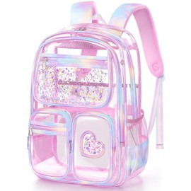 Fimibuke Clear Backpack for Girls, Heavy Duty PVC Transparent Kids Backpack for Teen Girls, School Stadium Approved See Through Teens Kids Bookbag for Kindergarten Elementary Middle High School, Pink