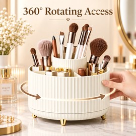 Rotating Makeup Organizer for Daily Beauty Storage – Easy-Access Plastic Holder for Brushes, Lipsticks & Skincare (White)