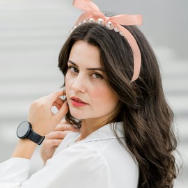 Pink Bow Pearl Headbands for Women Girls Bowknot Headband for Women Girl Pearl Bow Hair Accessories for Party Prom Bows Pearl Hair Band Bridal Headpieces for Wedding