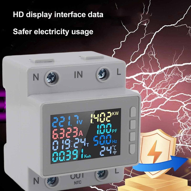 DIN Rail Voltage Current Meter 170‑270V 0‑63A Digital Display Energy