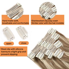 Pobokix Straight Clip In Hair Extensions Real Human Hair 8Pcs Clip In Balayage Chestnut Brown Highlight Blonde Human Hair Extensions with 18Clips Lace Weft 120g 14inch
