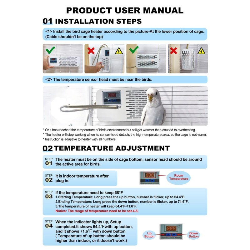MANON ROSA Bird Cage Heater with Adjustable Temperature Control -