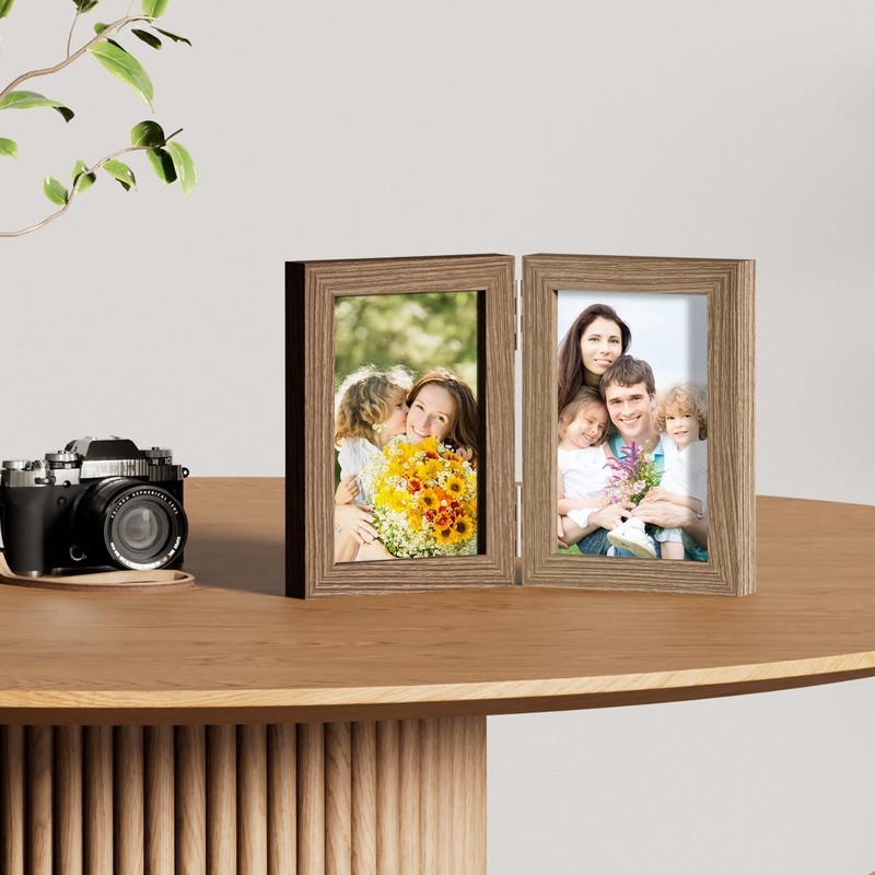 decorUhome Double 4x6 Picture Frame Vertical, Engineered Wood Bifold Photo