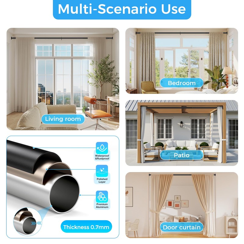 AIZESI Black Tension Curtain Rod 51-144In (4.25-12Ft), Extra Long No-Drill
