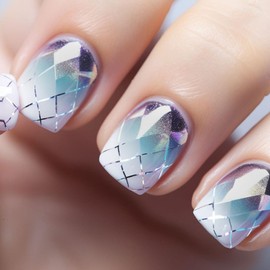 Acrylic Press on Nails Square Short Fake Nails with Lines Designs Purple Blue Ombre Nails Press ons Glossy Glue on Nails Daily Wear Simple Artificial Stick on Nails for Women 24Pcs