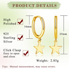 Deyanse Silver Hoop Earrings for Women, Minimalist Star Pendant Drop Earrings, 925 Sterling Silver Dangling Huggie Earrings, Sleeper Dangle Creole Earrings, Hypoallergenic Jewellery Gifts for Girls