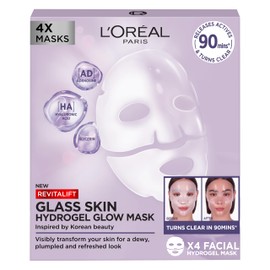 L'Oreal Paris Revitalift Filler Hydrogel Glow Mask 4 Pack, for Glass Skin, Korean-Skincare Inspired, Tissue Face Mask, Visibly Transform Skin, Dewy, Plumped and Refreshed Look, 4pc