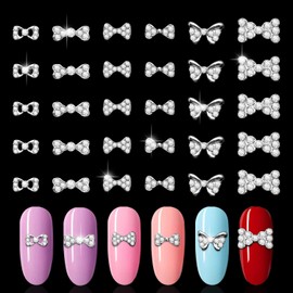 WOKOTO 30 PCS Silver Bow Nail Charms with Rhinestones for Women Nails Art, 6 Style Nail Bow Charms 3D Silver Charms for Nails, Bow Tie Nail Rhinestones Charms Luxury Bow Jewelry for Nails Decorations