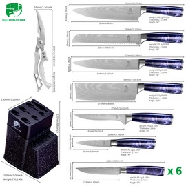 FULLHI 14pcs Block Knife Set, Chef's Knife Steak Knives Set with Block and Sharpener, Kitchen Knife Set, Multi-colour Handle, Gifts for Men Women