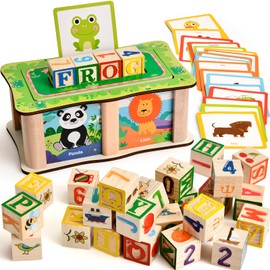 Lewo ABC Wooden Blocks for Toddlers 1-3 Alphabet Learning & Educational Toys with Box & Letter Spelling Matching Game, Boys Girls Montessori Building Blocks Birthday Gifts for Kids 1 2 3 4 Years Old