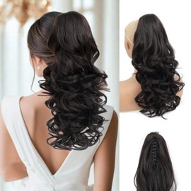 Ponytail Extension, 18 Inch Long Pony tails Hair Extensions for Women Wavy Curly Claw Clip Ponytail Fluffy Natural Fake Pony tail Hair Pieces for Women (Black Brown, 18 Inch)