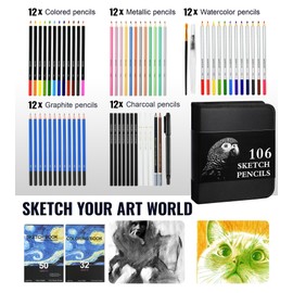 106 Pack Sketching Supplies, Art Supplies Include Graphite Colored Charcoal Watercolor & Metallic Pencils, Sketching Kit with 3-Color Sketchbook & Coloring Book, Gift Case for Kids Teens Adults