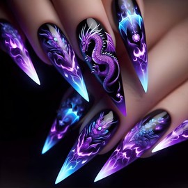 NGMATY Press On Nails Purple Painted Dragon Gradient Swoosh Long Teardrop Long Tip False Nails 12 Sizes - 24 Pcs Gel False Nail Set