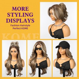 KOME Ash Brown Highlight Synthetic Lace Front Wig,13x4 HD Lace Layered Wave Glueless Wigs for Women Daily Use 26IN