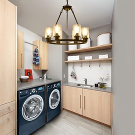 JTYKHNM 6-Light Black Wagon Wheel Chandelier, Modern Farmhouse Glass Lighting Fixture 24“ Round Industrial Hanging Pendant Light for Living Room, Dining Room, Kitchen Island, Entryway, Foyer