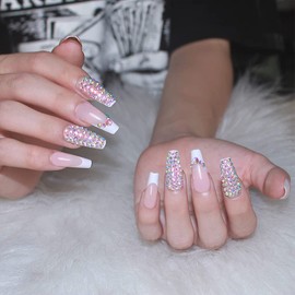 Glitter Gradient Pink Press on Nails Medium French Fake Nails Luxurious Rhinestones Design False Nails with Glue on Nails Artificial Acrylic Nails Bling Square Stick on Nails for Women Girls