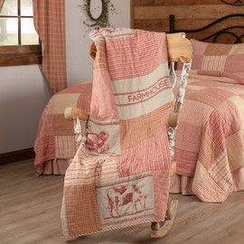 VHC Brands Farmhouse Decor Sawyer Mill Sheep, Chicken, Cow, Pig Rod Pocket Cotton Stenciled Chambray Nature Print Rectangle Bedding Accessory, Throw 60x50, Red