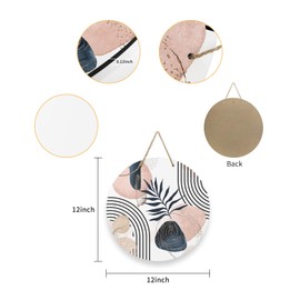 Welcome Sign for Front Door Decor, Abstract Art Navy Blue Pink Geometric Palm Tree Bohemia Wood Door Hanger for Outdoor Outside Porch,10 Inch Round Wooden Wreath Indoor Wall Hanging Decoration