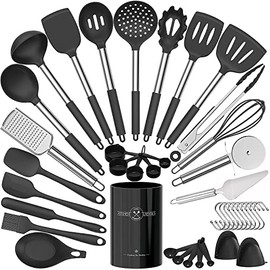Risom - Utensilios de cocina de silicona, 32-Piezas Juego de Utensilios de Silicon Flexible con Mango de Acero inoxidable, Cuchara Espátula Grande