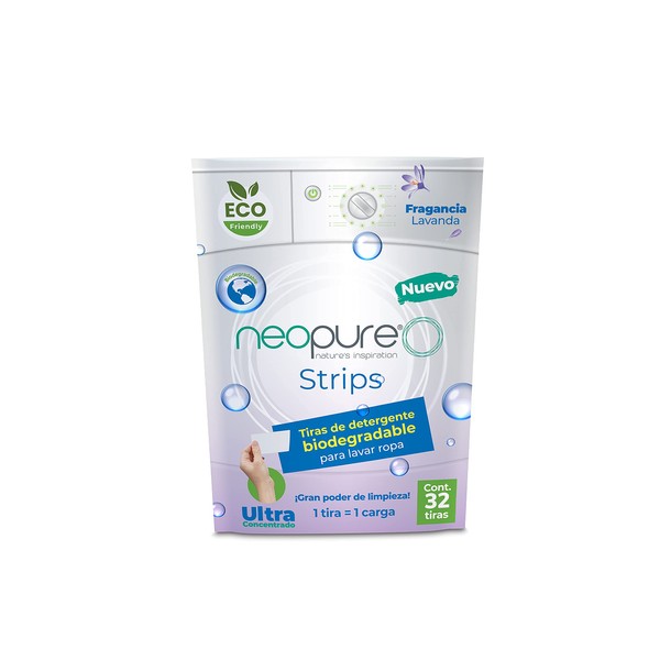 BOTICA DE JABÓN | NEOPURE Detergente Biodegradable en Tiras Aroma Lavanda | 1 sobre con 32 tiras | 1 carga por tira fácil de usar