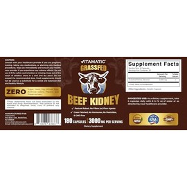 Vitamatic Grass Fed Beef Kidney with Liver - 180 Capsules - Freeze Dried & Non-GMO - Pasture Raised Glandular Supplement - Made in USA