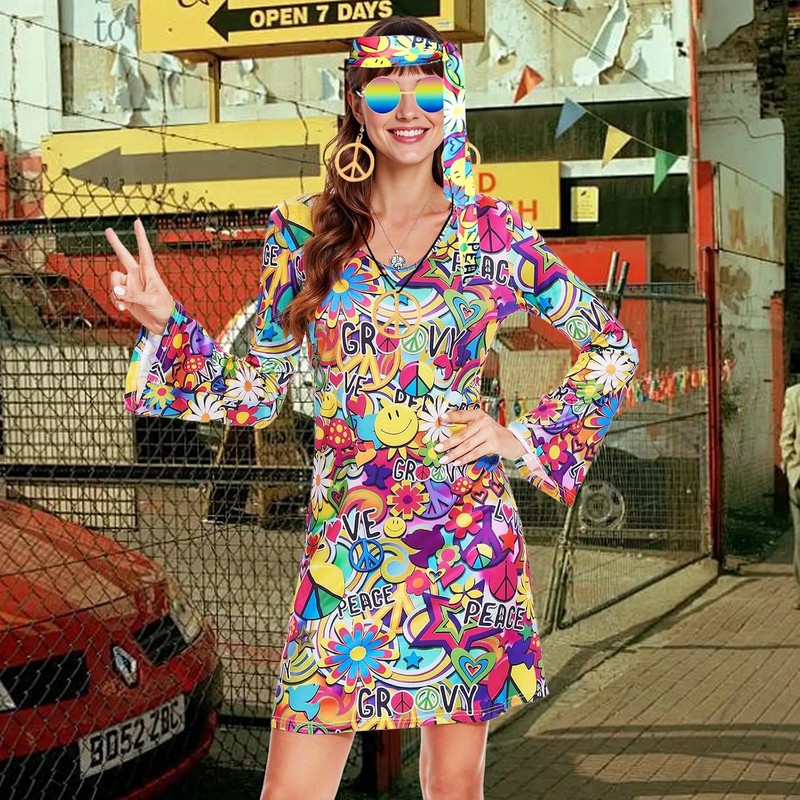 Disfraz Hippie de Los Años 60 y 70, 6 Piezas