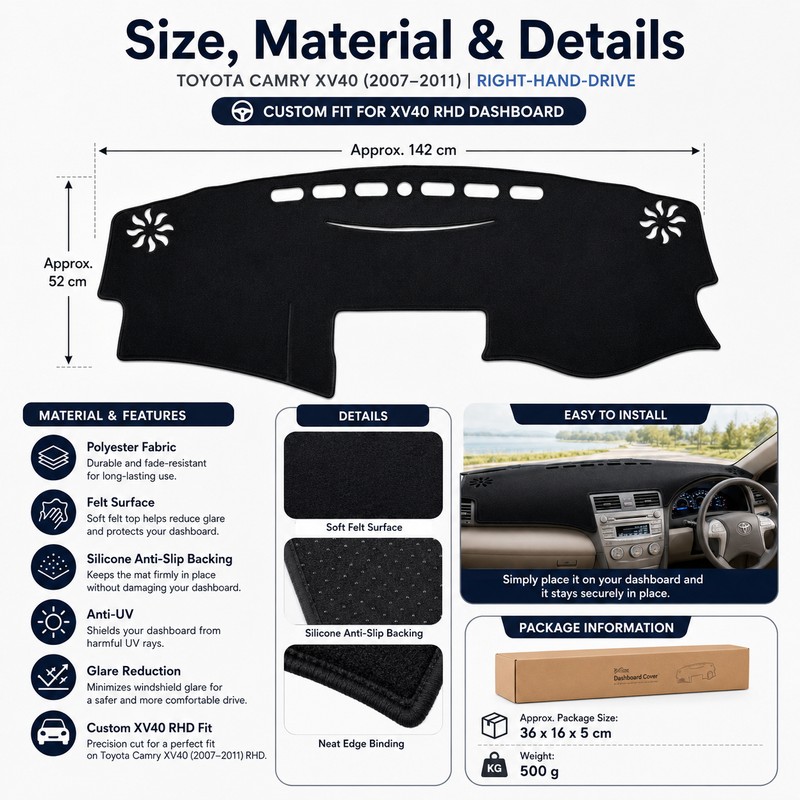 Dashboard Cover Mat for Toyota Camry 2007–2011 – Anti-Glare Dash