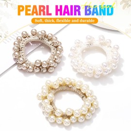 Reaky Pearl Hair Ties Beige Beaded Ponytail Holder 3 Pcs Elastic Hair Bands Hair Accessories for Women (Champagne)