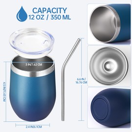 Volhoply 12oz Stainless Steel Wine Tumbler with Lid Bulk 12 Pack,Double Wall Vacuum Stemless Wine Glasses,Reusable Metal Travel Coffe Mug with Straw,Insulated Cup Gift for Christmas（Dark Night,12 Set）